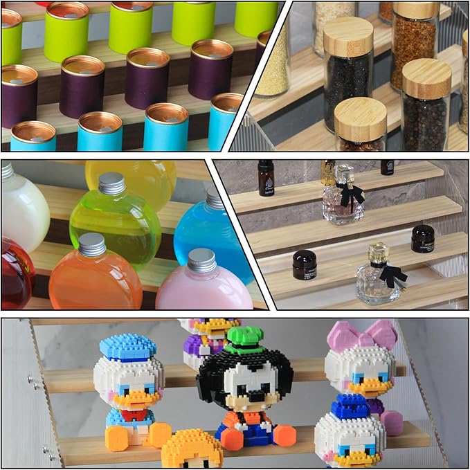 nianfeng Tiered Spice Rack, 6-Tier Spice Pantry Kitchen Cabinet Organizer, 12-Inch, Natural Wood Acrylic Stair Riser Stand, Countertop Seasoning Shelf