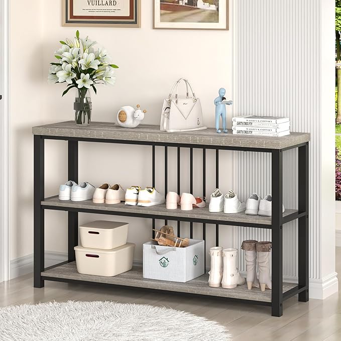 FOLUBAN Console Tables for Entryway, Sofa Table with 3 Tier Storage for Living Room Hallway Foyer Behind Couch, Rustic Light Grey