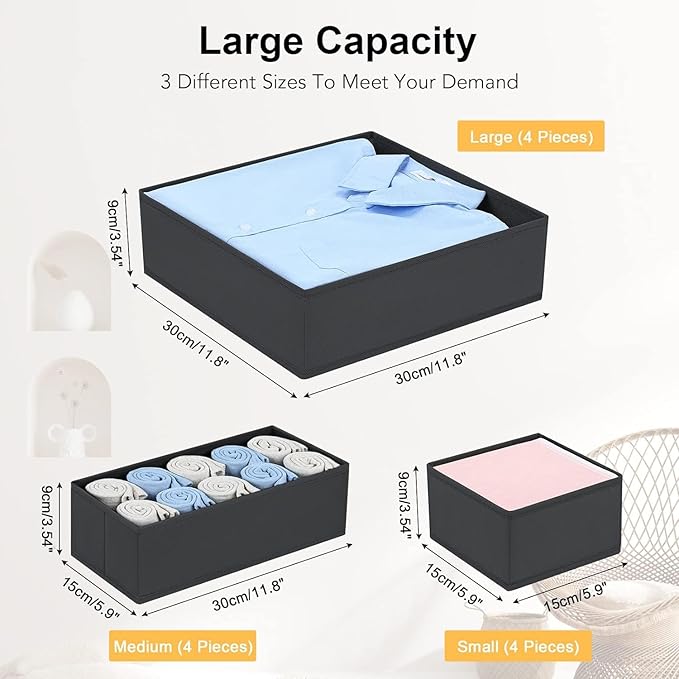 DIMJ Drawer Organizer 15 Pack - Foldable Baby Organizers and Storage & Dresser Organizer for Nursery, Bedroom, Closet - Nursery Organization Dresser Dividers for underwear, Sock,Bra, Belt, Tie,Black