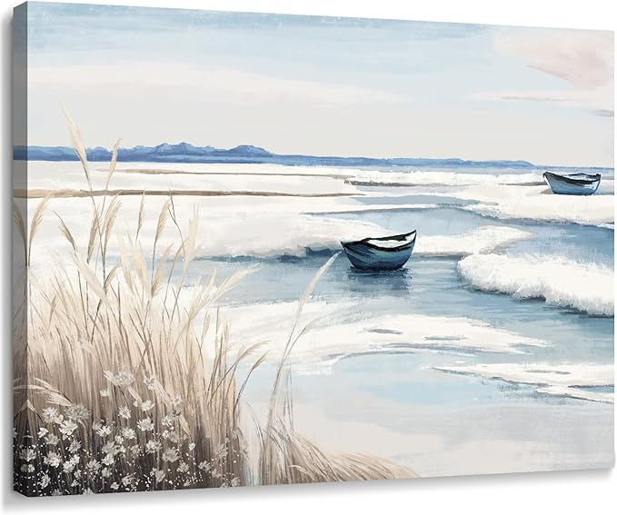 amatop Coastal Wall Art - Nautical Ocean Canvas Print with Light Blue & White Seascape, Boat, Reeds - Beach Picture for Modern Farmhouse, Lake House, Bedroom, Bathroom, Beach-Themed Artwork,16x12