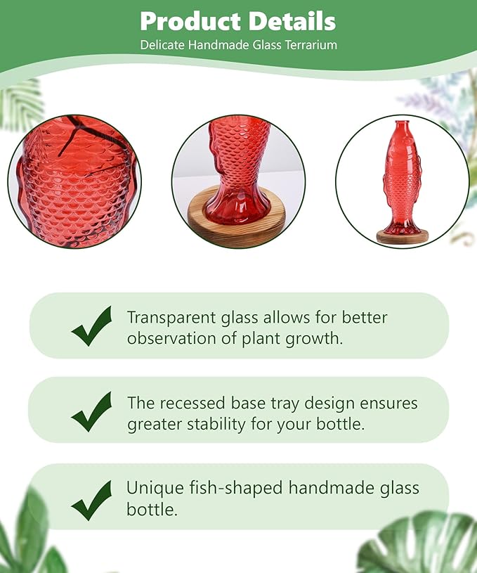 Nacome Fish Vase Glass Plant Terrarium with Wooden Stand,Planter Propagation Station for Home Office Hydroponics Desk Decoration,Unique Gardening Gifts for Plant Lovers Women Mom(Red)