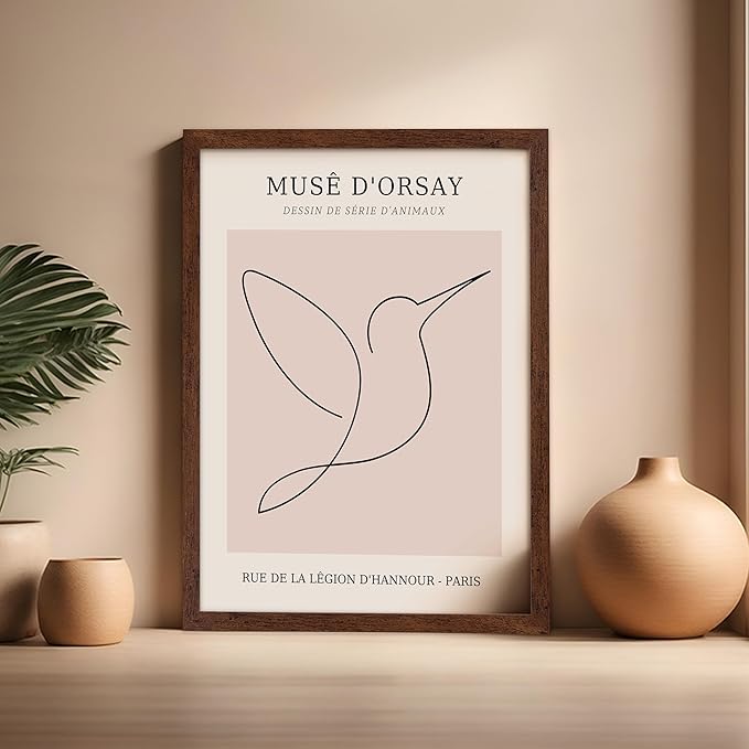 Poster Master Vintage Poster - Retro One Line Hummingbird Drawing Print - Bird Line Art - Minimal Gift for Him, Her, Animal Lover - Abstract Decor for Home, Office, 16x20 Brown Framed