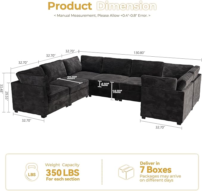 HOOOWOOO Modular Sectional Sofa,7 Pieces Sectional Couches for Living Room,131X98 U Shaped Cloud Couch Set(Black Velvet Corduroy)