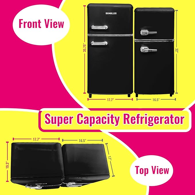Mini Fridge Dual Door Refrigerator with Freezer, 3.5 Cu.Ft Compact Refrigerator with Handle, Adjustable Temperature & Removable Glass Shelves, for Apartment/Dorm/Office/RV, Black