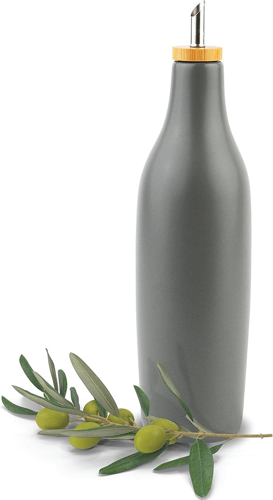 kitchentoolz Olive Oil Stoneware Dispenser Bottle, Ceramic 16 Oz Container for EVOO or Vinegar Kitchen Counter, Pewter Gray