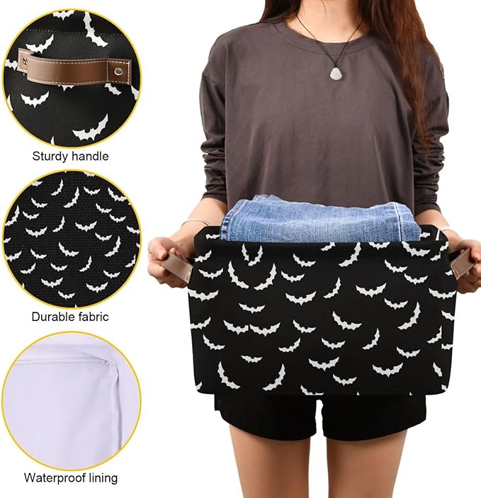 Storage Basket Bin Bats Halloween Goth Organizer Basket Collapsible Shelf Basket Cube with handle for Nursery Bedroom Bathroom