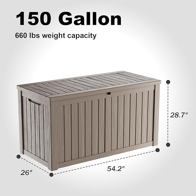 150 Gallon Outdoor Deck Box,Storage Lockable Waterproof Patio Furniture,Garden Tools,Cushions,Pool Accessories Outside Storage Resin Box(Grey)
