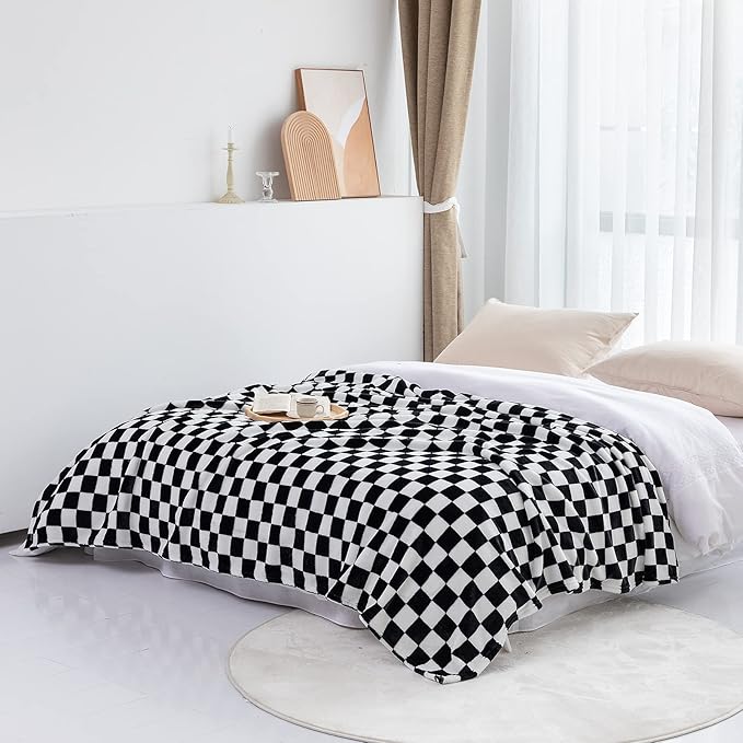 LOMAO Throw Blankets Flannel Blanket with Checkerboard Grid Pattern Soft Throw Blanket for Couch, Bed, Sofa Luxurious Warm and Cozy for All Seasons (Black, 90"x90")