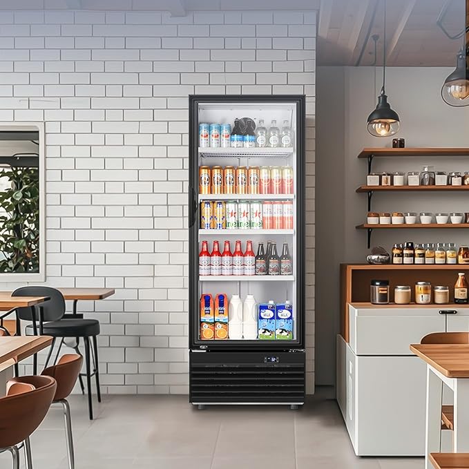 Tylza Commercial Refrigerator with Glass Door Display Beverage Fridge, 350L Upright Beverage Cooler Merchandiser with Rebound Door, Fast Cooling, Low Noise, Black