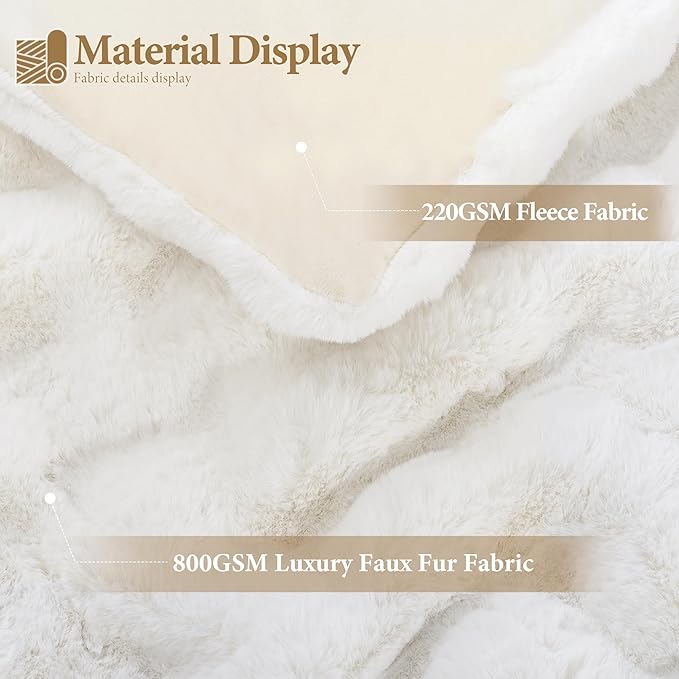 Touchat Luxury 1000GSM Rabbit Faux Fur Twin Blanket, Super Heavy Warm Cozy Beige Cream Blankets for Couch Bed Sofa, Ruched Plush Fuzzy Elegant Soft Reversible Mink Blanket for Living Room Bedroom