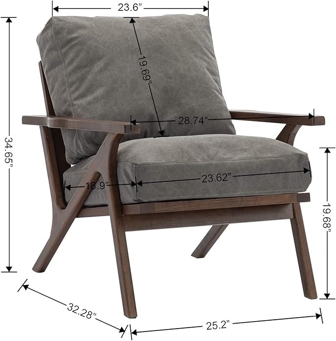 Wahson Set of 2 Mid Century Chair, Retro Upholstered Accent Armchairs, with Wood Frame and Removable Canvas Cushions, Large Leisure Slipper Chair for Living Room/Bedroom, Grey