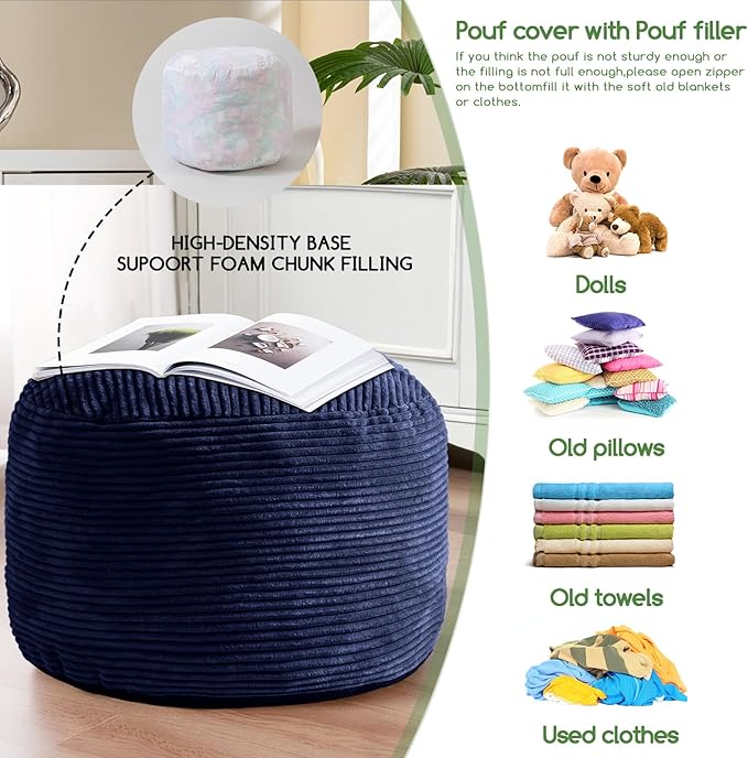 HIGOGOGO Round Stuffed Pouf Ottoman, Corduroy Poufs with Foam Chunk Filling, Furry and Fluffy Pouf Foot Stool Storage Ottoman, 20 X 15 Floor Poufs Foot Rest for Living Room, Navy