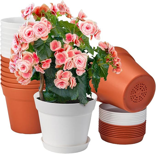 homenote Plant Pots,6 Inch Flower Pots for Plants Plastic Planters for Indoor with Multiple Drainage Holes and Trays, for All Home Garden Flowers Succulents,Outdoor(White&Red,16 Pack)