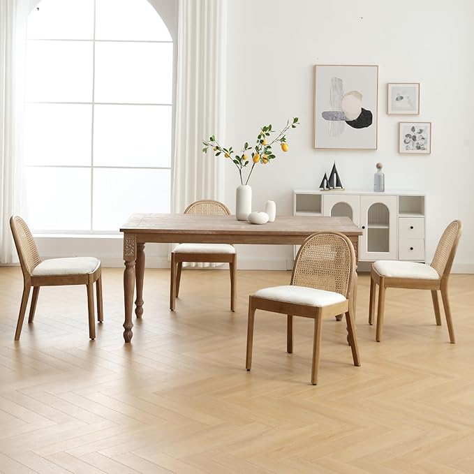 Mid Century Dining Chairs Set of 4, Accent Rattan Side Chairs Sherpa Fabric Kitchen Chair with Solid Wooden Legs for Living Room Dining Room, White