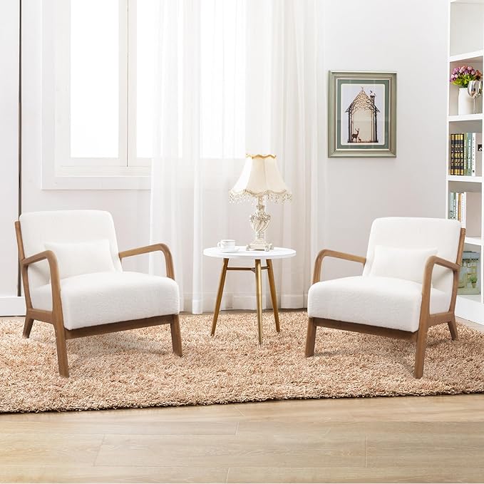 INZOY Mid Century Modern Accent Chair with Lamb Wool Fabric, Upholstered Living Room Chairs with Waist Cushion, Reading Armchair for Bedroom Sunroom, White