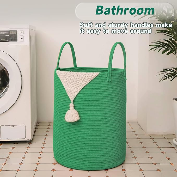 Large Woven Laundry Basket Hamper,60L Cotton Rope Storage Bin for Blankets,Toys and Clothes,Decorative Tall Nursery Hamper for Living Room,Baby Nursery,Bathroom and Bedroom,Dark Green