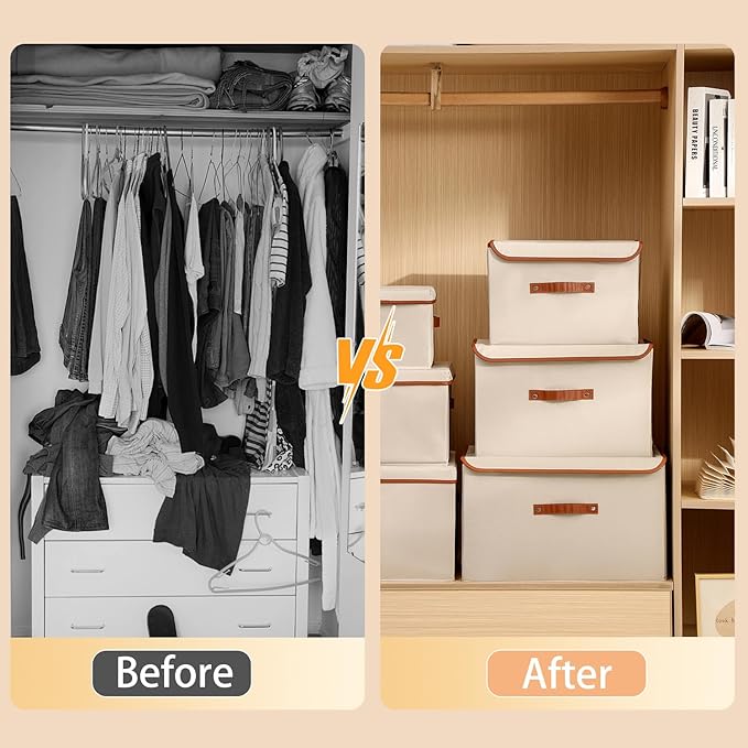 Tuza 4 Pack Large Fabric Storage Bins with Lids, Foldable Storage Boxes with Lids for Organizing, Decorative Storage Boxes with Handles for Home, Bedroom, Closet, Office(Khaki, Extra Large)