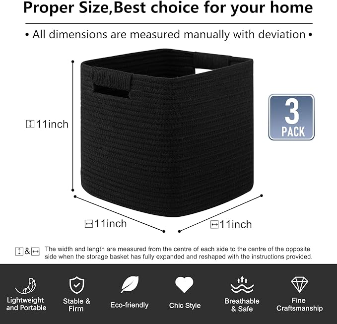 OIAHOMY Storage Cubes 11 Inch Storage Bins-3-Pack, Cotton Rope Woven Baskets for Organizing, Square Storage Baskets for Shelves Organizer, Classroom, Kids Toy Bins, Closet, Baby Nursery-Black