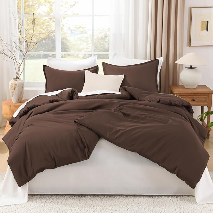 Litanika Brown Comforter Set Queen Size, 3 Pieces Lightweight Solid Bedding Comforter Set, All Season Fluffy Bed Set (90x90In Comforter & 2 Pillowcases)
