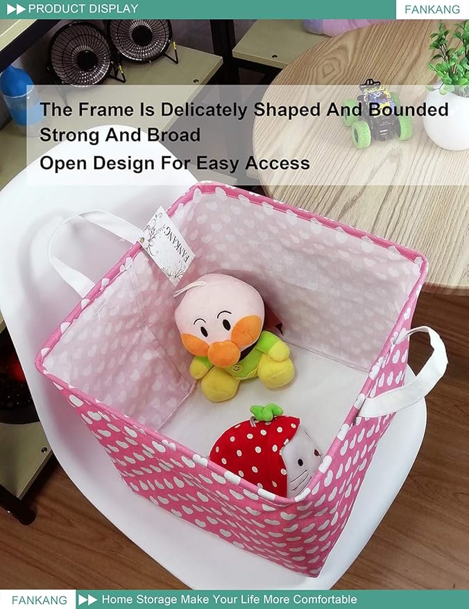 FANKANG Square Nursery Hamper Storage Bins Canvas Laundry Basket Foldable with Waterproof PE Coating Storage Baskets Gift Baskets for Children, Office, Bedroom, Clothes(Square-Pink Heart )
