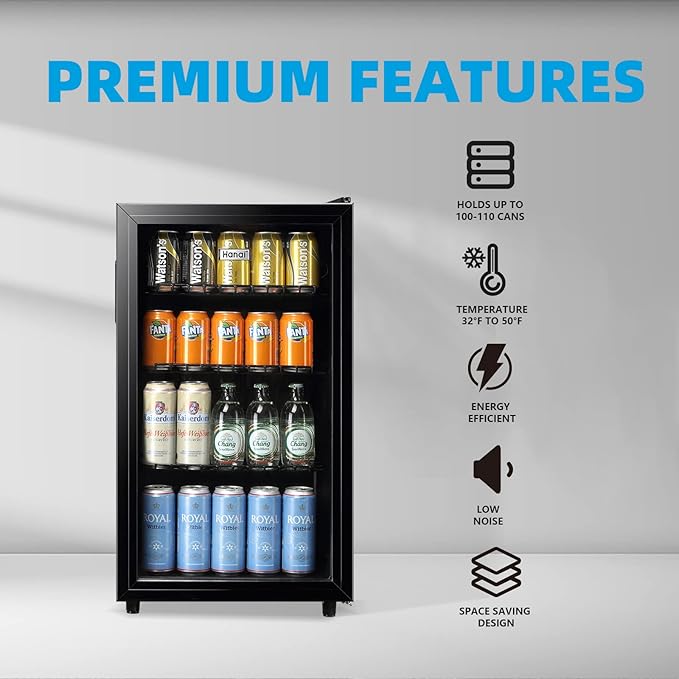 WANAI Mini Fridge Cooler 125Cans Beverage Refrigerator Glass Door Beverage Cooler for Beers Wine Juicer Adjustable Shelves LED Lights for Home, Office or Bar