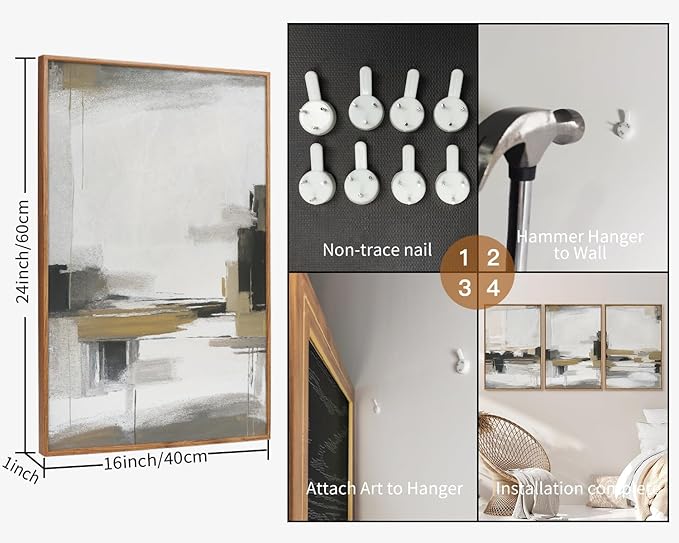 SIGNINART Beige Abstract Framed Canvas Wall Art Set, Black and White Textured Art Prints, Paint Strokes Minimalist Shapes Wall Decor, Neutral Modern Art Paintings for Living Room, Bedroom, Office 16"x24"x3