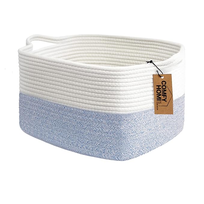 COMFY-HOMI Cotton Rope Woven Basket with Handles for shelf,Toy, Book, Cloth Storage Basket for Organizing-13.5"X11"X9.5" Storage Bin for Living Room, Newborn or Infant Gift for boy girl (White/blue)