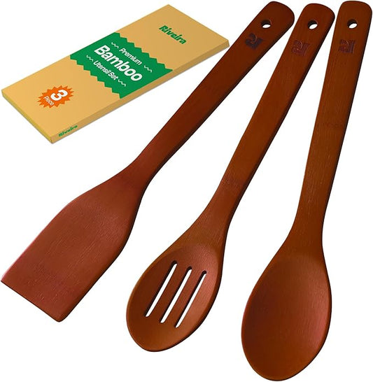 Riveira Premium Brown Bamboo Wooden Spoons for Cooking Set of 3 – Premium Brown Bamboo Wooden Cooking Utensils, Wooden Spatula, Wooden Spoon - Premium Quality Wooden Utensil Set for Non-Toxic Cooking