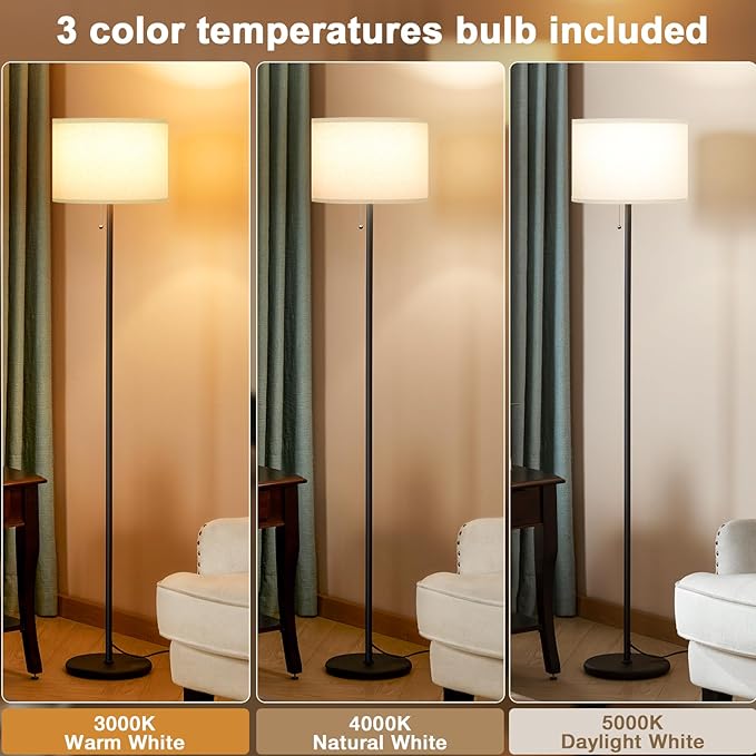 Ambimall Floor Lamps for Living Room with 3 Color Temperatures Bulb & Pull Chain Switch, 60" Modern Standing Floor Lamp for Bedroom Kids Room Study Room(Dark Beige Shade & Black Pole)