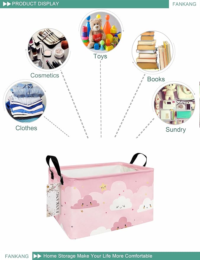 FANKANG Storage Bins, Nursery Hamper Canvas Laundry Basket Foldable with Waterproof PE Coating Large Storage Baskets for Kids Boys and Girls, Office, Bedroom, Clothes,Toys(Rec-pink cloud )