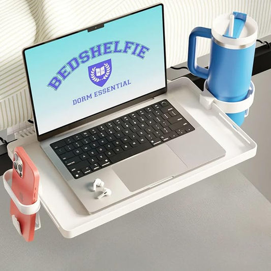 BedShelfie Bedside Shelf for Dorm Room Bunk Bed & Top Bunk, College Dorm Room Essentials, Bedside Caddy, Clip on Floating Tray, Bed Side Table Storage, Loft Nightstand Decor - Dorm Essential, White