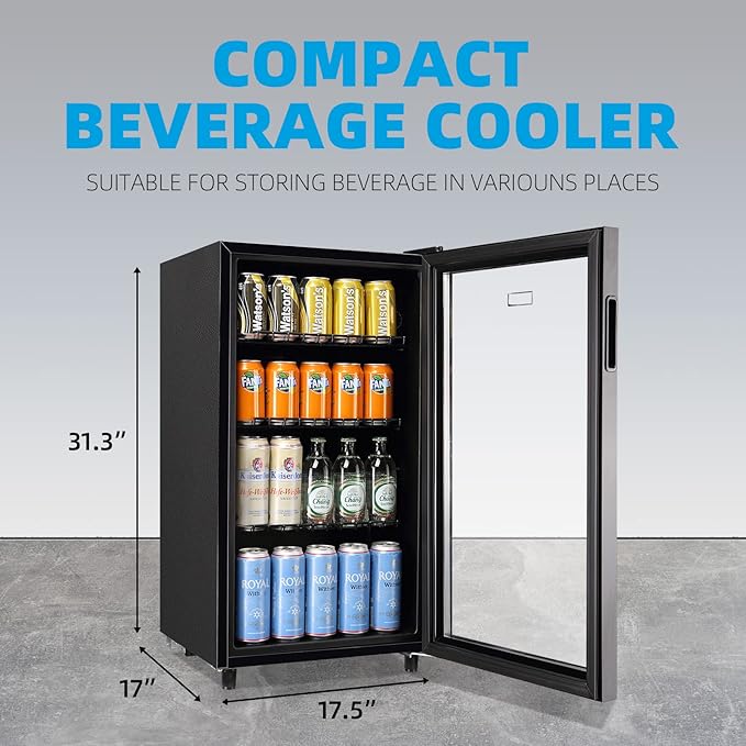 WANAI Mini Fridge Cooler 125Cans Beverage Refrigerator Glass Door Beverage Cooler for Beers Wine Juicer Adjustable Shelves LED Lights for Home, Office or Bar
