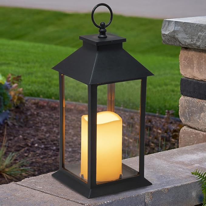 YAKii Hanging Glass Panes Lantern Portable Led Candle Light Operated by 3AAA Battery Use for Garden Yard, Indoor & Christmas Day Decoration etc (Black 2PCS)