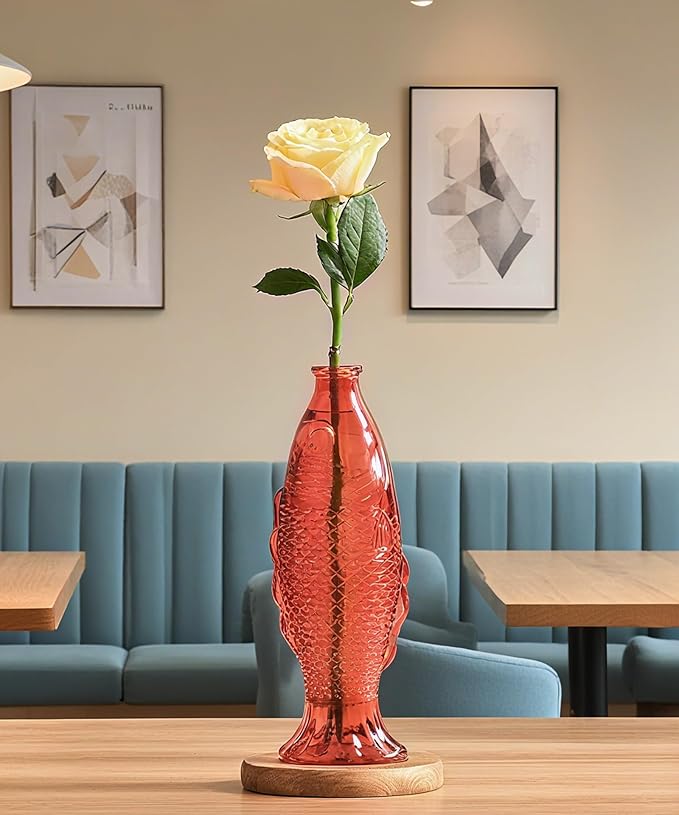 Nacome Fish Vase Glass Plant Terrarium with Wooden Stand,Planter Propagation Station for Home Office Hydroponics Desk Decoration,Unique Gardening Gifts for Plant Lovers Women Mom(Red)