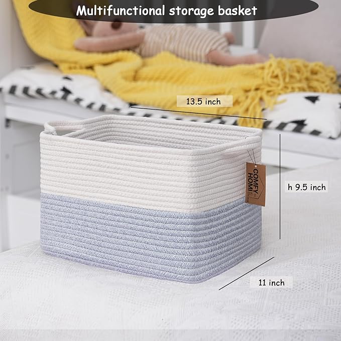 COMFY-HOMI 3PACK Cotton Rope Square Baske with Handles for Shelves|Dog Toy Baske Bin and Storage|Baby Baske for Gift|Shoe Baske for Organizing|13.5" x 11" x 9.5" for Living Room(White/Blue)