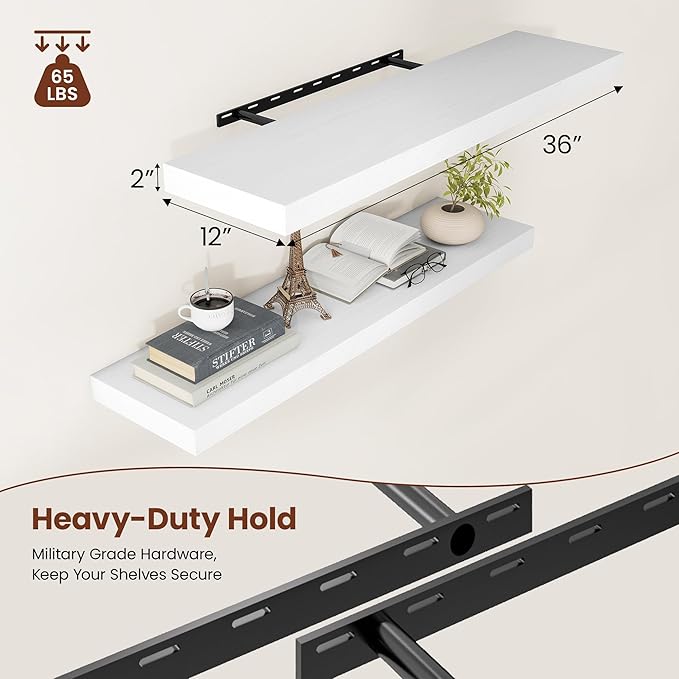White Floating Shelves for Wall, 36 Inch X 12 Deep Shelves for Room Wall Mounted,2" Thick Heavy Duty Holds 65lbs Floating Shelf for Bedroom Bathroom Kitchen Laundry Room, Set of 2