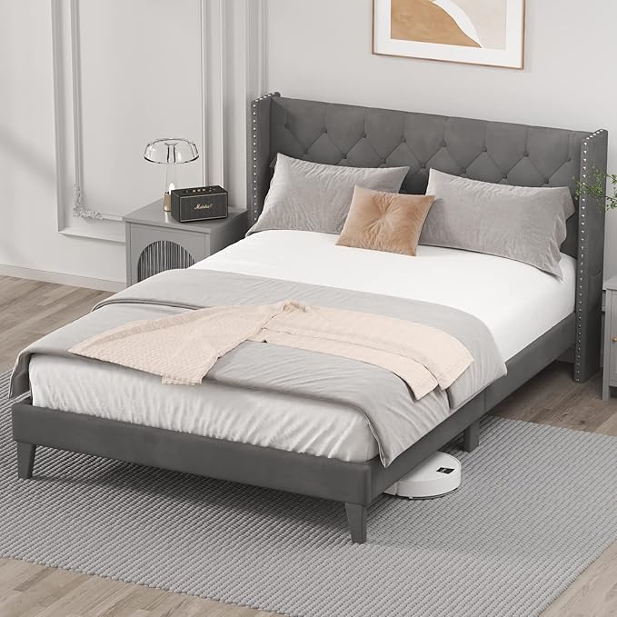 King Size Bed Frame with LED Lights, Upholstered Bed Frame with Wingback Diamond Tufted Headboard, Wood Slats Support, Noise-Free, Easy Assembly, No Box Spring Needed, Grey