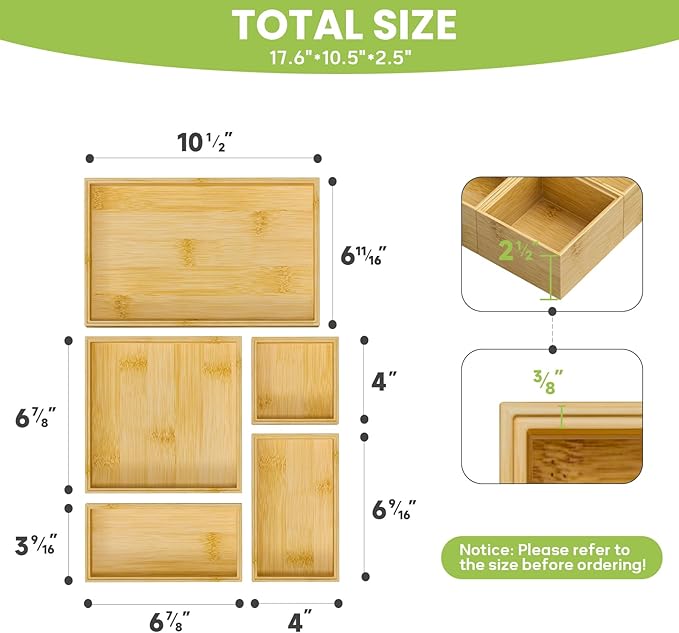 Bamboo Drawer Organizer Set, 5 PCS Multi-use Varied Sizes Junk Drawer Organizer Kitchen Storage Box for Office, Home, Bedroom, Bathroom, Bamboo
