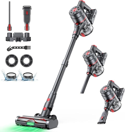 Cordless Vacuum Cleaner, 550W 45KPA Dual Motor Stick Vacuum for Home with 60mins Runtime, 6 LED Green Headlights, Self-Standing Design, V-Shaped Floor Brush for Carpet Tile Pet Hair Hardwood Floors