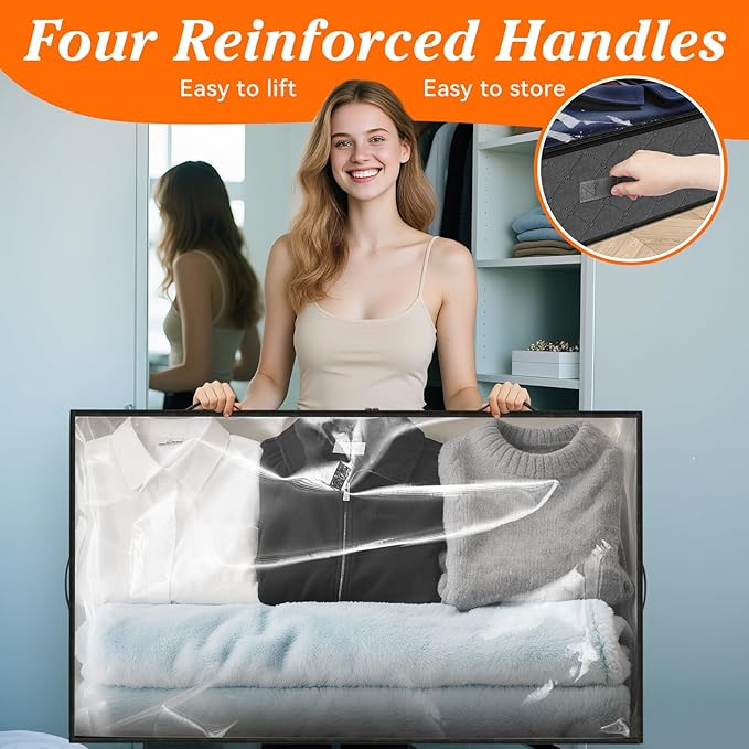 SpaceWhisper 90L Under Bed Storage Containers, 8-Pack Storage Bins with Clear Top, Foldable Closet Organizers and Storage with Label Holder for Clothing, Blankets, Comforter & Pillows (Grey)