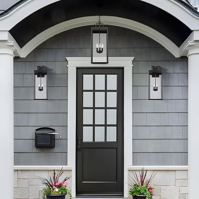 Large Outdoor Pendant Lantern Light Fixture for Front Porch, 28 Inch 4-Light Black Exterior Hanging Chandelier with Clear Glass, Outdoor Indoor Pendant Lamp for Patio, Gazebo, Entryway, Doorway