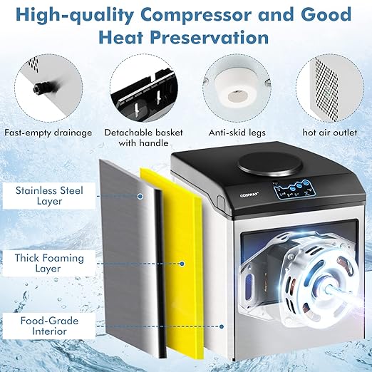 COSTWAY 2 in 1 Countertop Ice Maker Built-in Water Dispenser, 48LBS per Day, S/M/L Size Ice Cube, 5LBS Ice Storage Basket, Fast 6 Mins, Stainless Steel Ice Machine with Extendable Chilled Water Spout