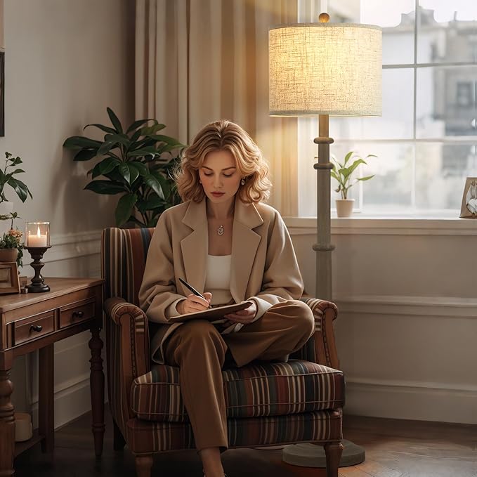 Floor Lamps for Living Room - 60" Resin Farmhouse Floor Lamp with 3 Color Temperatures - Vintage Standing Lamp Reading Light with Linen Shade Retro Tall Lamp for Bedroom Office, Grey