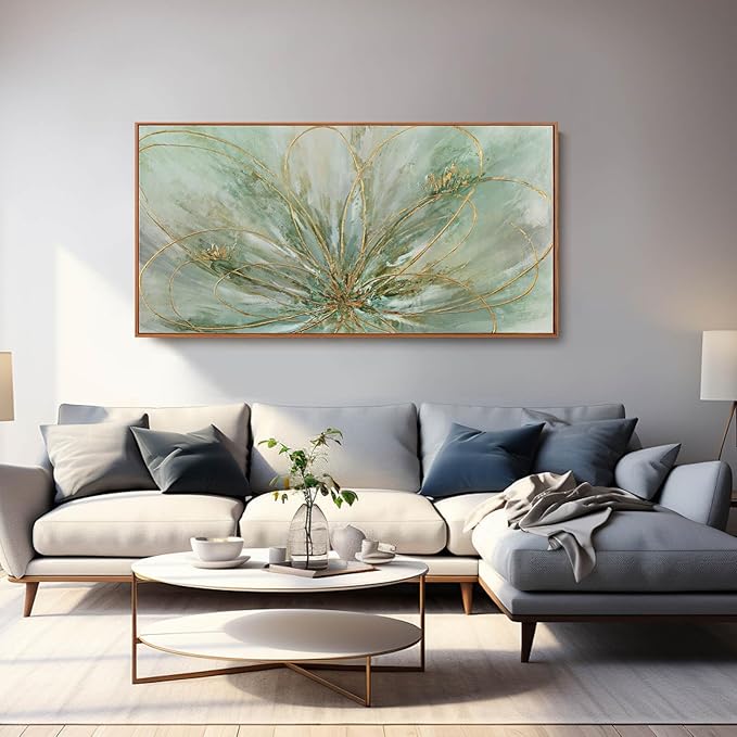 YJYart Green Abstract Canvas Artwork Flowers Wall Decor for Office Line Art Painting 24"x 48" Pictures for Bedroom Dining Room Neutral Wall Art