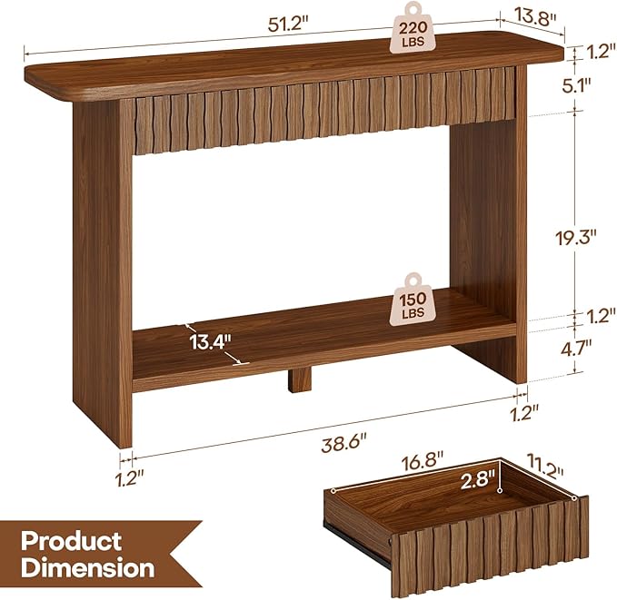 BECHAEO Mid Century Modern Console Table with Drawers, 51" Large 2-Tier Narrow Console Table with Storage Shelf, Sofa Station Behind The Couch, Accent Tables for Entryway, Hallway, Rustic Brown