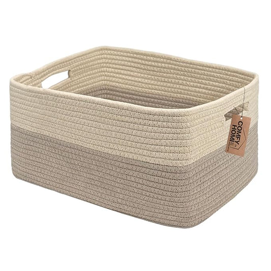 COMFY-HOMI Cotton Rope Woven Basket with Handles for Shelves,Toys,Book, Cloth Storage Baskets for Organizing-17" x 13" x 7.5" Toy Decorative Organizer for Living Room, Bathroom (Beige brown)