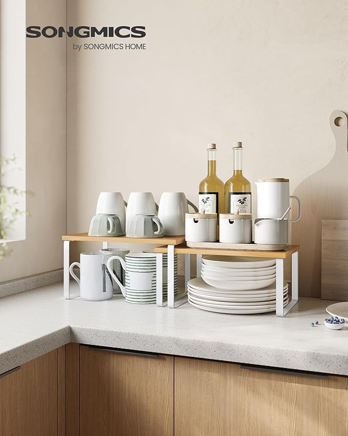 SONGMICS Cabinet Organizer Shelf, Set of 2 Kitchen Counter Shelves, Kitchen Storage, Spice Rack, Stackable, Expandable, Metal and Engineered Wood, Cloud White and Natural Beige UKCS02NW