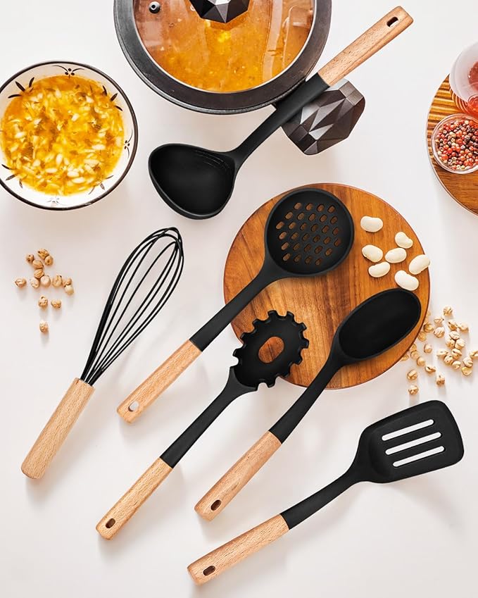 Kitchen Utensils Set, 13PCS Silicone Cooking Utensils, Heat Resistant Kitchen Utensil Spatula Set for Nonstick Cookware, Wooden Handles Kitchen Gadgets Tools Set