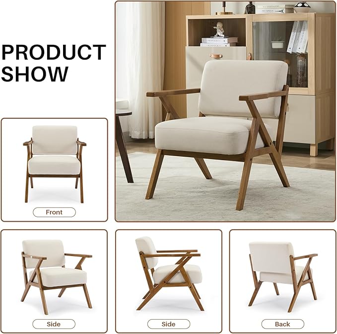 Mid-Century Modern Chair Upholstered Lounge Arm Chair with Solid Wood Frame Thicker Cushion for Living Room, Reading, Balcony, Beige Linen