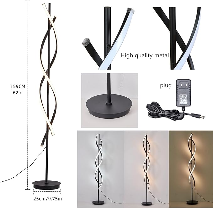 Unique Spiral Floor Lamp 3 Color Dimmable with Remote Standing Floor Lamp, Modern Creative Tall Lamp Control for Living Room Bedroom and Office Black